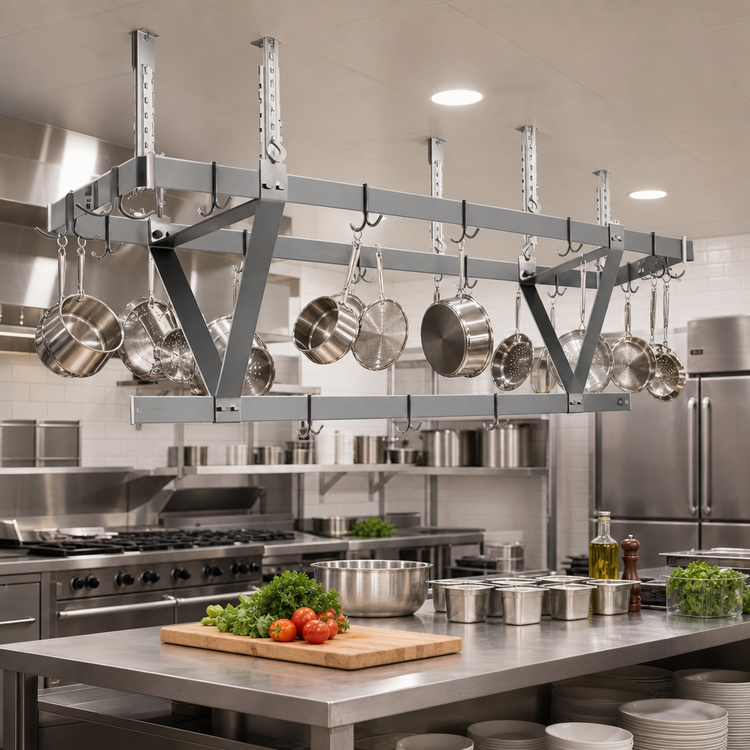 Product image #2 for Eagle Group Ceiling-Mounted Triple-Bar Aluminum Pot Rack with 33 Double-Prong Stainless Steel Hooks, 124 x 20 x 18 Inches