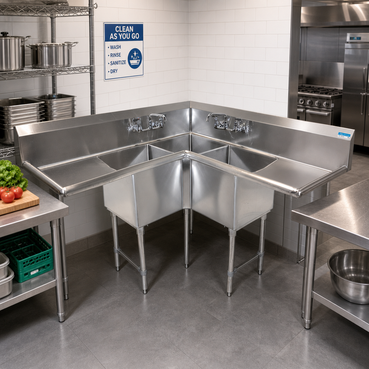 Product image #2 for BK Resources Corner 3-Compartment Sink with Dual 24-Inch Drainboards, 63 x 63 x 43.5 Inches, 18/304 Stainless Steel