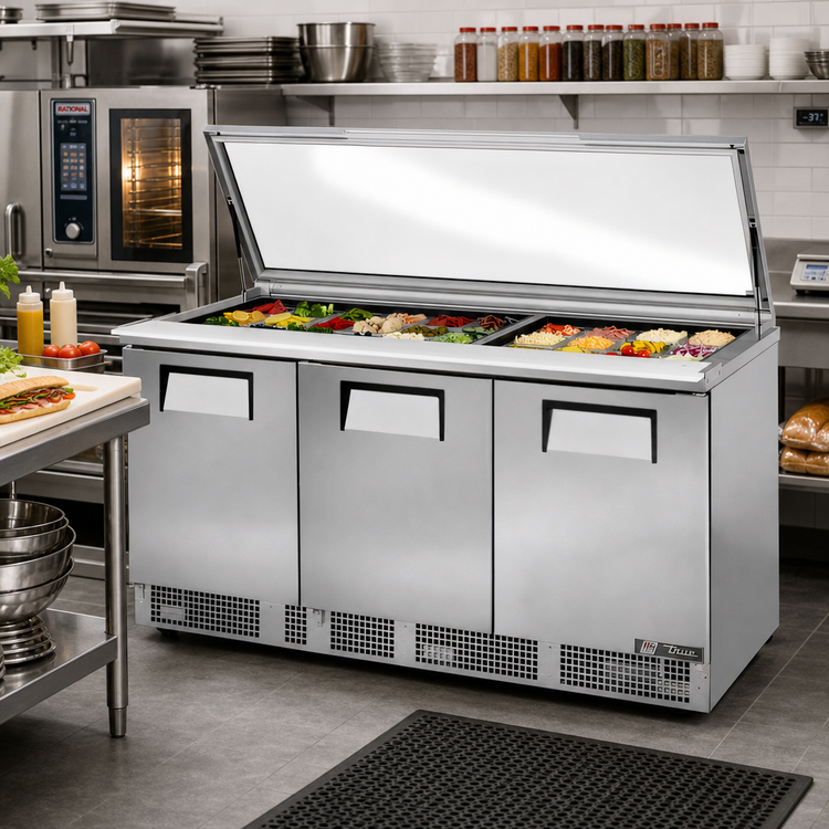 Product image #2 for True 72-Inch Three-Section Sandwich/Salad Prep Table with Flat Glass Lid