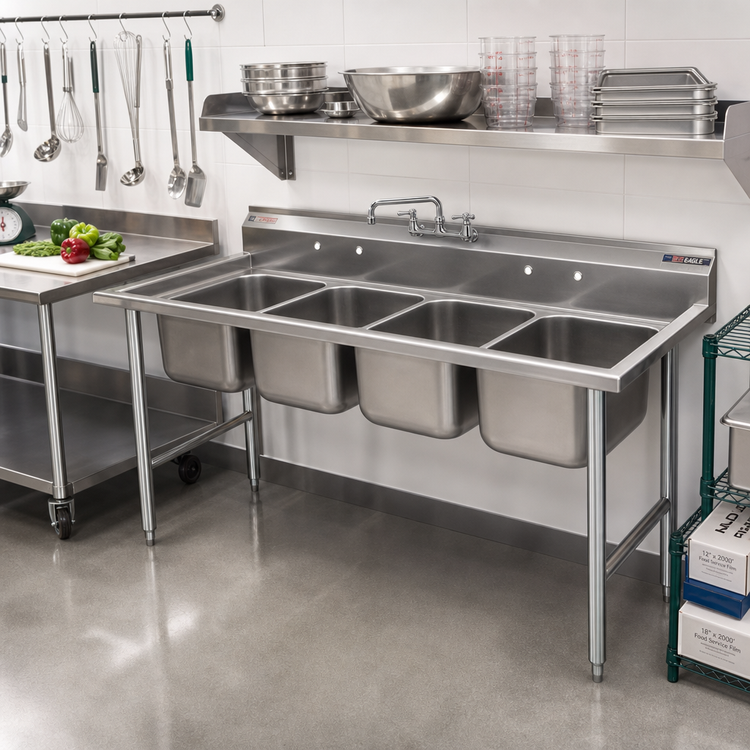 Product image #2 for Eagle Group 414 Series Four-Compartment Coved Corner Sink, 76-1/2" W x 27-1/2" D, Without Drainboards