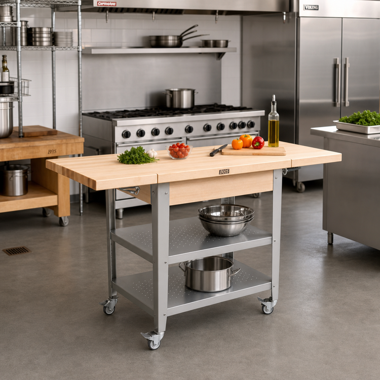 Product image #3 for John Boos Cucina Elegante 50-Inch Maple Butcher Block Cart with 2 Drop Leaves, No Drawer and Stainless Steel Shelves
