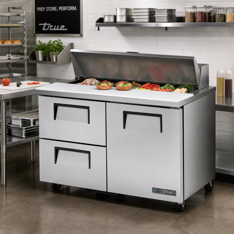 Product image #2 for True 48-Inch Stainless Steel Sandwich/Salad Prep Table Refrigerator with 1 Door, 2 Drawers, and 12 Sixth-Size Pan Top