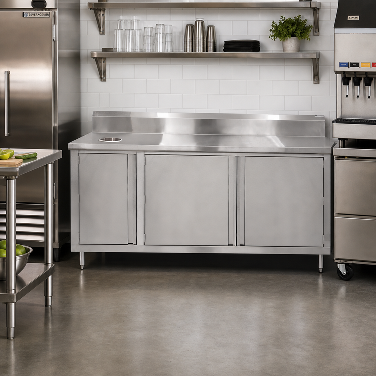 Product image #2 for John Boos 60" x 36" Stainless Steel Beverage Unit Cabinet Base with Hinged Doors, 5" Backsplash, and Left Trash Chute