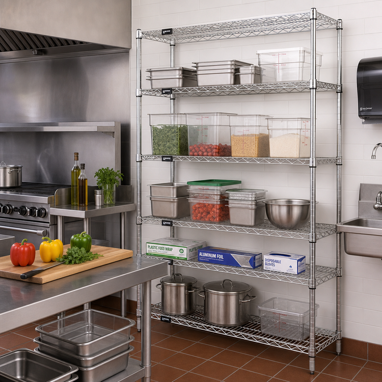 Product image #2 for Quantum 72" x 14" x 54" Stationary Wire Shelving Starter Kit, 5 Shelves, 304 Stainless Steel