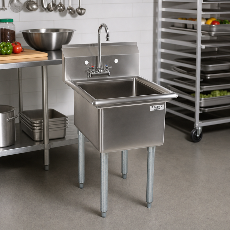 Product image #2 for John Boos E-Series 1-Compartment Stainless Steel Sink with Faucet Holes, 15 x 15 x 14 Bowl and Galvanized Legs