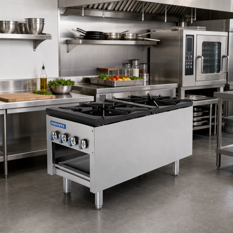 Product image #2 for Turbo Air Radiance Heavy Duty 18-Inch Gas Stock Pot Range with Storage Base, (2) 3-Ring Burner Sections, 158,000 BTU