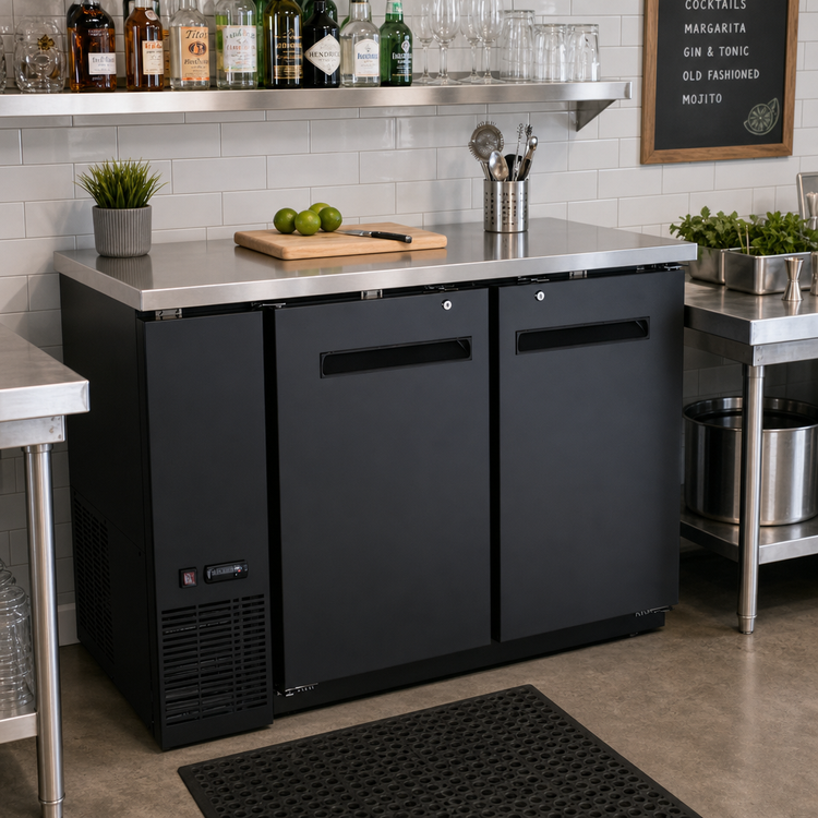 Product image #2 for Omcan USA 2-Section Reach-In Refrigerated Back Bar Cooler, 48.8-Inch Wide, Side-Mounted Self-Contained, Solid Doors, Stainless Steel Top