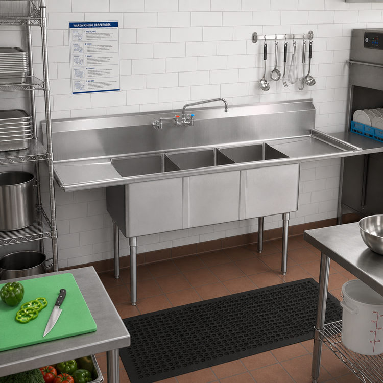 Product image #2 for BK Resources 3-Compartment Stainless Steel Sink with Left and Right Drainboards, 90-Inch Wide, 18 x 18 x 14-Inch Compartments, 9-Inch Backsplash