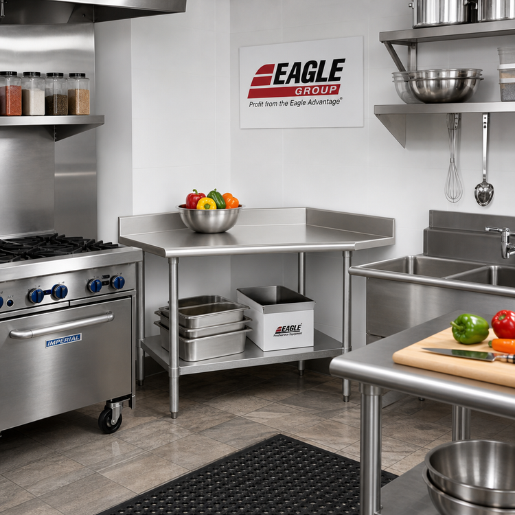 Product image #2 for Eagle Deluxe Series 30" x 30" Corner Stainless Steel Work Table with 4-1/2" Backsplash and Undershelf