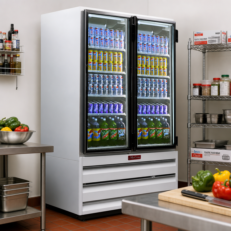 Product image #2 for Howard-McCray GF42BM-FF 42 Cu. Ft. Two-Section Bottom-Mount Self-Contained Hinged Glass Door Freezer Merchandiser