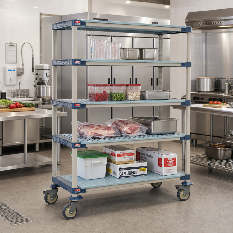Product image #2 for MetroMax 4 Five-Tier Mobile Starter Polymer Shelving Unit with 4 Open Grid Shelves and 1 Solid Shelf, 48W x 24D x 80H