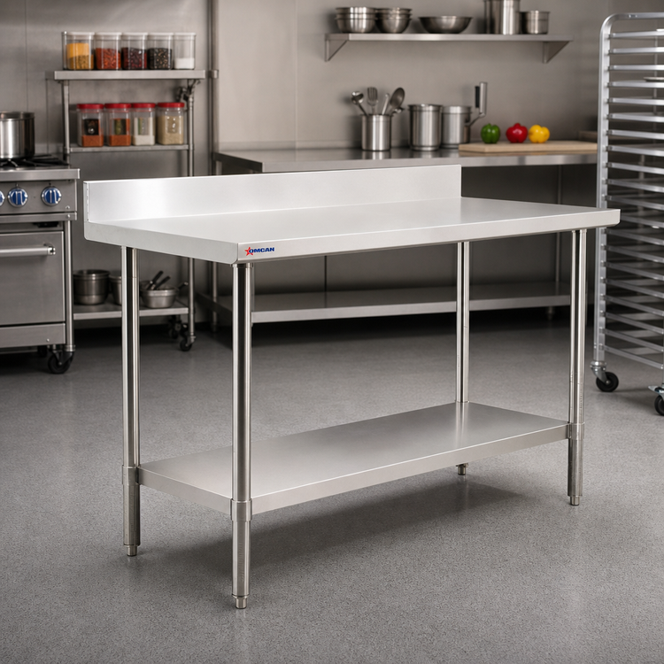 Product image #2 for Omcan 48-Inch x 30-Inch 20-Gauge 430 Stainless Steel Flat Top Work Table with 4-Inch Backsplash and Undershelf
