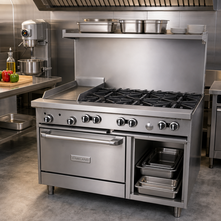 Product image #2 for Garland G Starfire Pro 48-Inch Gas Restaurant Range with 6 Open Burners, 12-Inch Griddle, Standard Oven and Storage Base