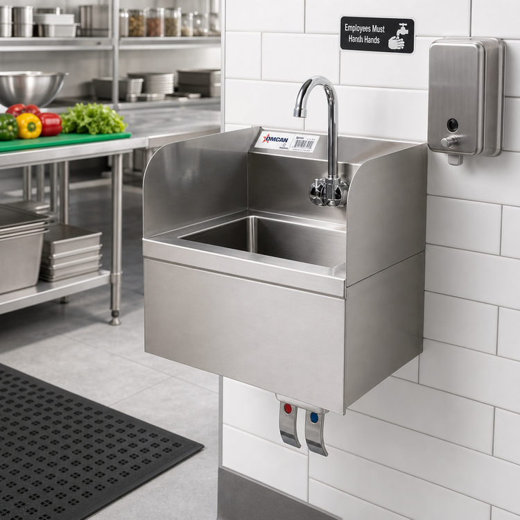 Product image #2 for Omcan USA Wall-Mounted Stainless Steel Hand Sink with Knee Valve Assembly, Side Splashes, and Faucet, 10 x 14 x 5 Inch Bowl