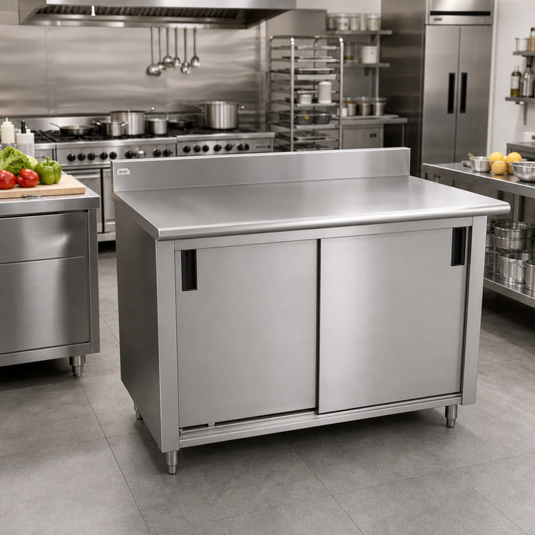 Product image #2 for Advance Tabco 60" x 36" Enclosed Work Table with Sliding Door Cabinet Base, 14-Gauge 304 Stainless Steel Top and 5-Inch Backsplash