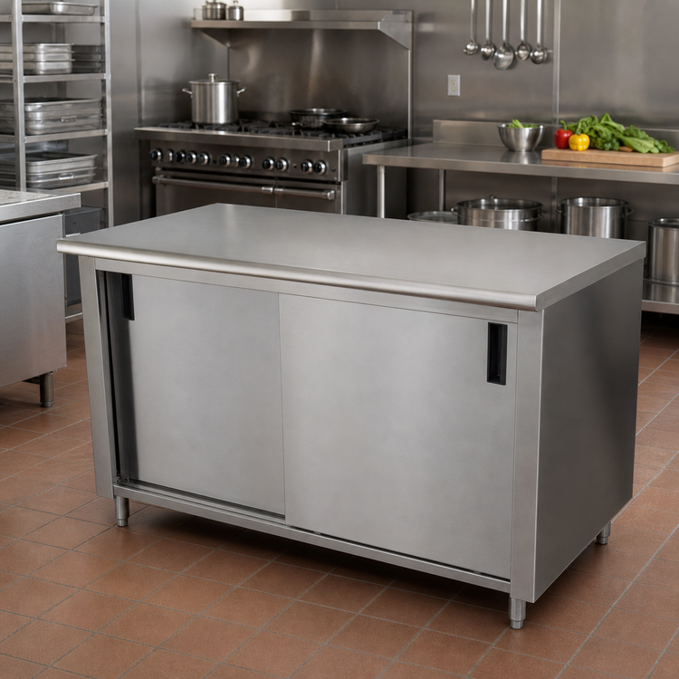Product image #2 for Advance Tabco 72 Inch x 30 Inch Enclosed Work Table with Cabinet Base, Sliding Doors, and 14-Gauge 304 Stainless Steel Top