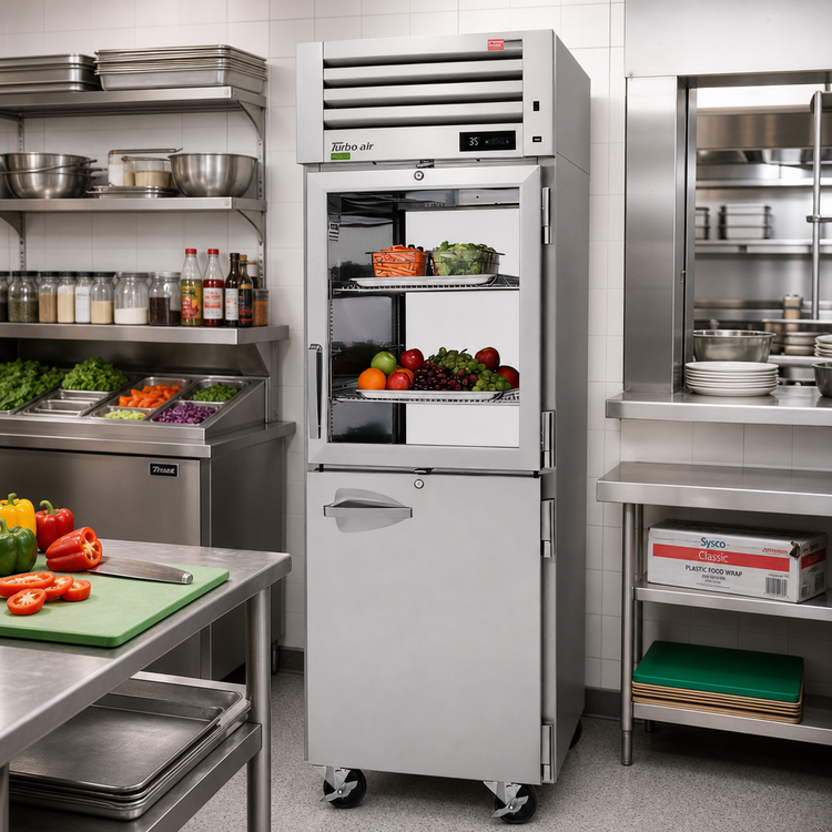 Product image #2 for Turbo Air PRO Series One-Section Pass-Thru Reach-In Refrigerator with Half Glass/Solid Doors, 26.48 Cu. Ft., Top-Mount Compressor
