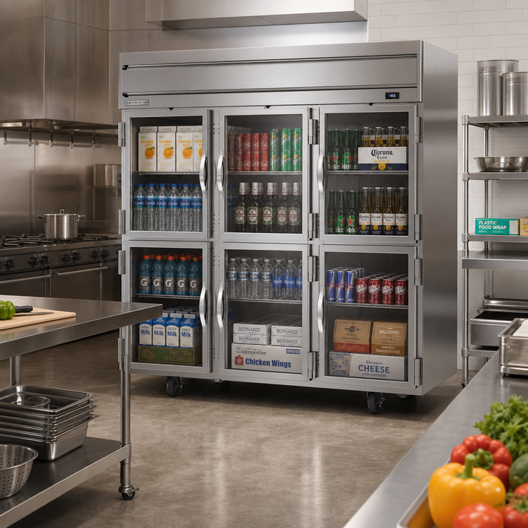 Product image #2 for Beverage-Air Horizon Series Three-Section Reach-In Freezer with Six Half-Glass Doors, 69.1 Cu. Ft., Top-Mounted Self-Contained Refrigeration