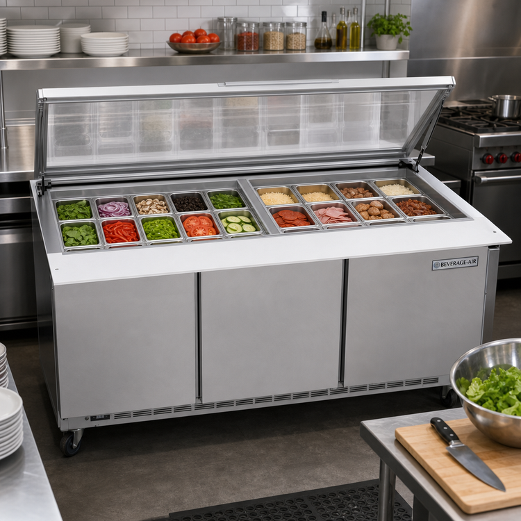 Product image #2 for Beverage-Air 72-Inch Three-Section Mega Top Refrigerated Prep Table with See-Thru Lid
