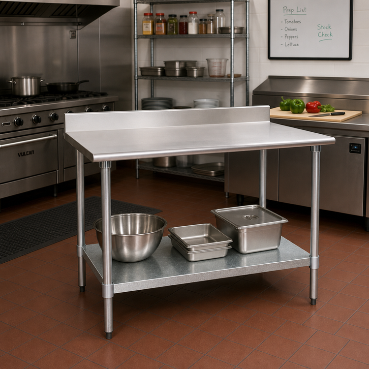 Product image #2 for BlendPort® Deluxe Series Stainless Steel Work Table with 4-1/2 Inch Backsplash and Galvanized Undershelf, 60 Inch x 30 Inch