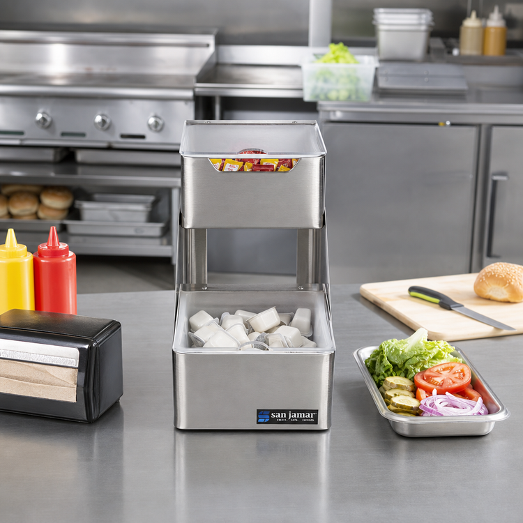 Product image #2 for San Jamar 2-Tier Stepped Condiment Center with Individual Notched Lids, 2 x 1 Quart Inserts, Stainless Steel