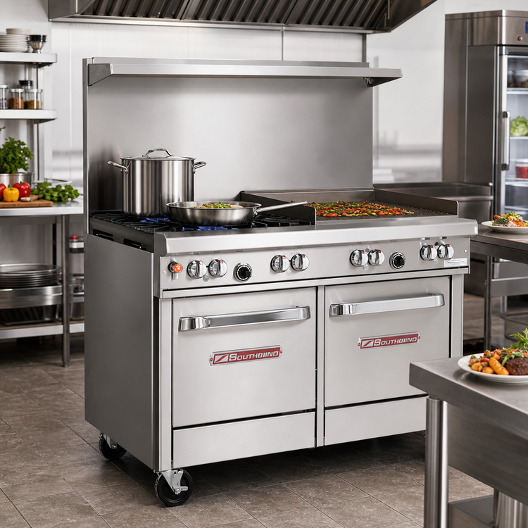 Product image #2 for Ultimate 48-Inch Gas Restaurant Range with Star/Sauté Burner, Non-Clog Burner, 36-Inch Griddle, Convection Oven and Cabinet Base