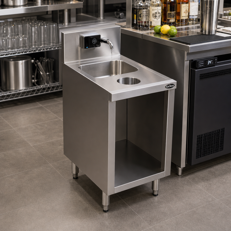Product image #2 for Krowne Royal Series Freestanding Stainless Steel Underbar Hand Sink Unit with Open Front Cabinet Base and Electronic Faucet