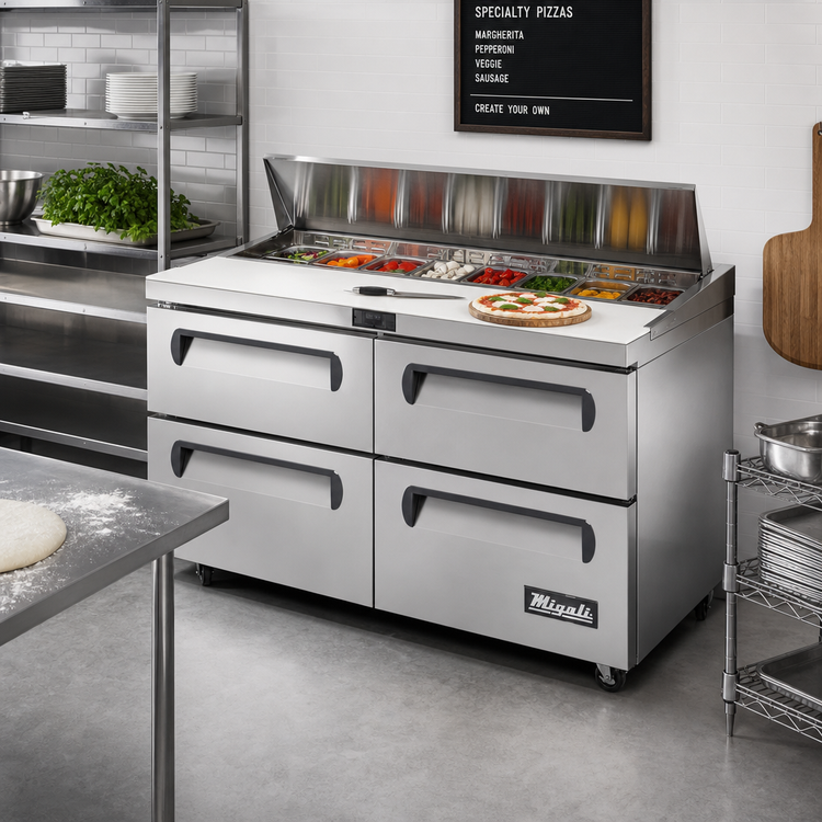 Product image #3 for Migali Competitor Series® 93-Inch Refrigerated Pizza Prep Table with 6 Drawers