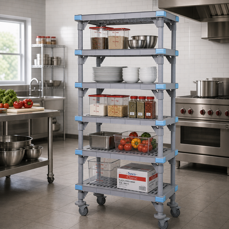 Product image #2 for Quantum Millenia Mobile Polymer Shelving Starter Unit with 5 Open Grid Shelves, 72 x 24 x 62 Inches, Gray