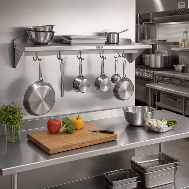 Product image #2 for John Boos Stallion 24 Inch Wall-Mount Stainless Steel Shelf with Pot Rack, 16 Gauge
