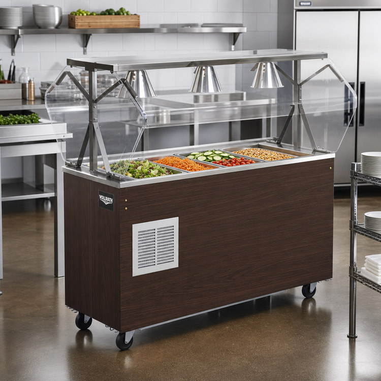 Product image #2 for Vollrath 2-Series Affordable Portable Refrigerated Cafeteria Unit, 4-Pan, 60 x 24 Inches, Walnut Woodgrain, with Breath Guard and Storage Door Base