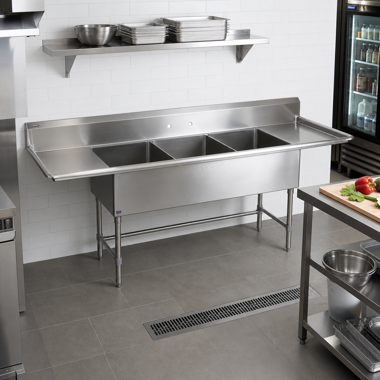 Product image #2 for John Boos Pro-Bowl 3-Compartment Sink with Left and Right Drainboards, 18" x 24" x 12" Bowls, 14-Gauge Type 300 Stainless Steel