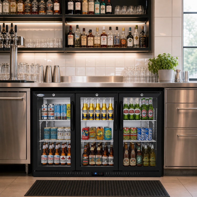 Product image #2 for KoolMore 53-Inch Three-Section Back Bar Refrigerator with 3 Glass Swing Doors, 11.3 Cu. Ft., Black