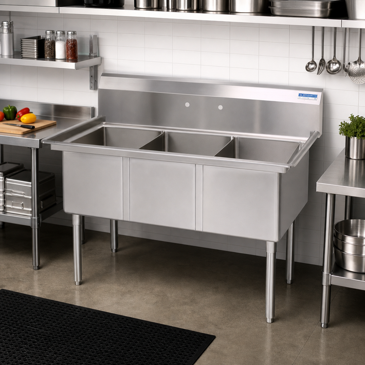 Product image #2 for BK Resources 50-Inch Three-Compartment No-Drainboard Stainless Steel Sink with 9-Inch Backsplash and Stainless Steel Legs
