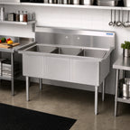 Thumbnail image #2 for BK Resources BKS-3-15-14S 50-Inch Three-Compartment No-Drainboard Stainless Steel Sink with 9-Inch Backsplash and Stainless Steel Legs