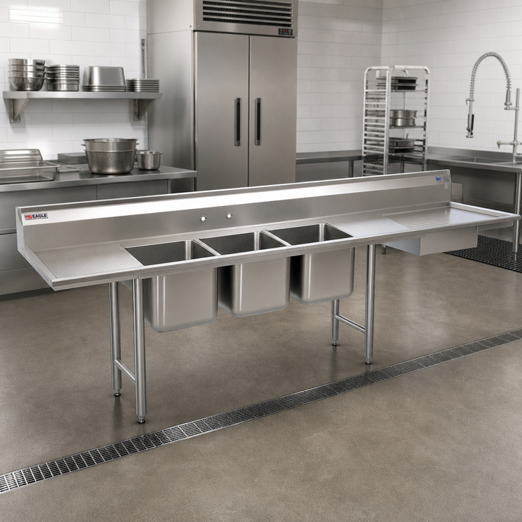 Product image #2 for Eagle Group Left-Hand Straight Soiled Dishtable with Three-Compartment Pot Sink, 124-Inch, 16/430 Stainless Steel Top