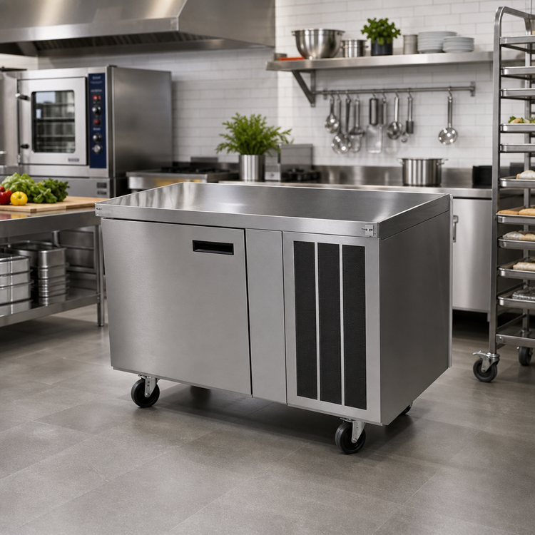Product image #2 for Delfield 60-Inch Two-Section Refrigerated Work Table with Doors, Side-Mounted Self-Contained Refrigeration