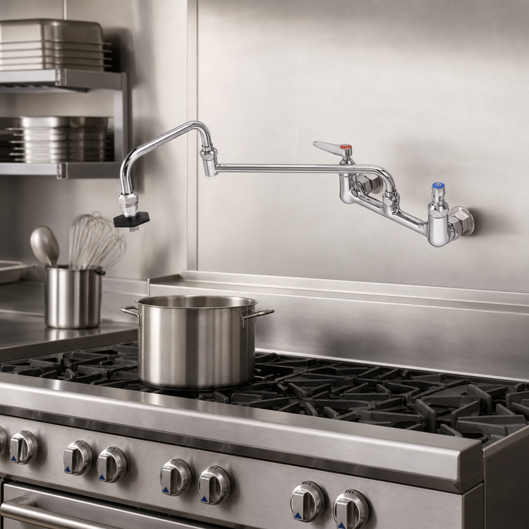 Product image #2 for T&S Brass Low-Lead Wall-Mount Pot Filler Faucet with 18-Inch Double-Jointed Nozzle, 8-Inch Centers
