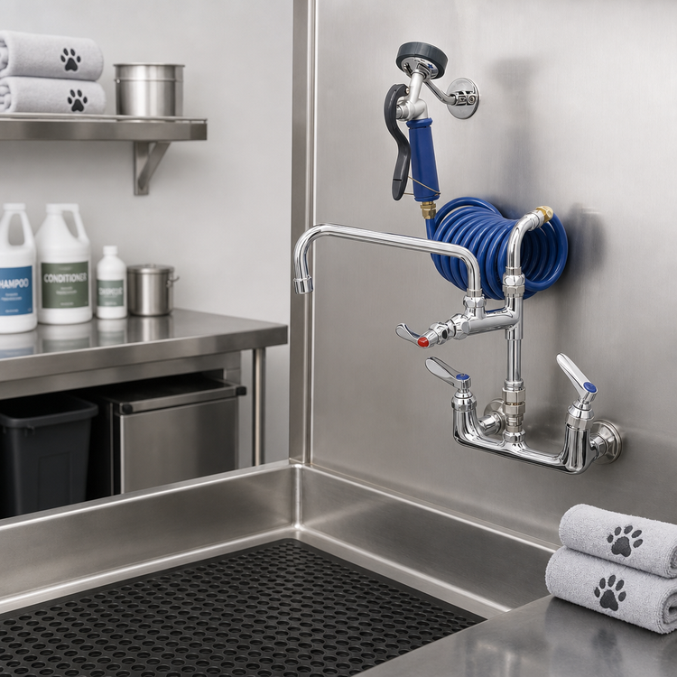 Product image #2 for T&S Brass Pet Grooming Wall-Mount Mixing Faucet & Spray Assembly, 8" Adjustable Centers, 10" Swing Nozzle