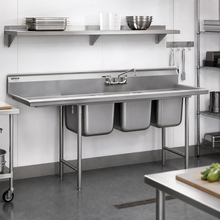 Product image #2 for Eagle Group 314 Series Three-Compartment Stainless Steel Sink, 83-1/2 Inch Wide, 24 x 24 x 13-1/2 Inch Bowls