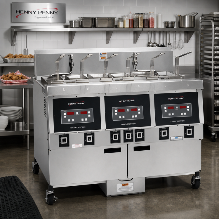 Product image #2 for Henny Penny OFE-323.0 Electric Three-Well Open Fryer with Built-In Filter System