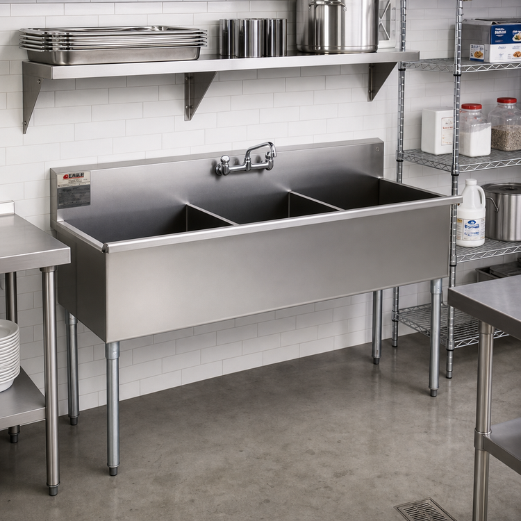 Product image #2 for Eagle Group Three-Compartment Utility Sink, 55-3/8 Inch W x 25 Inch D, 16 Gauge 304 Stainless Steel, No Drainboards