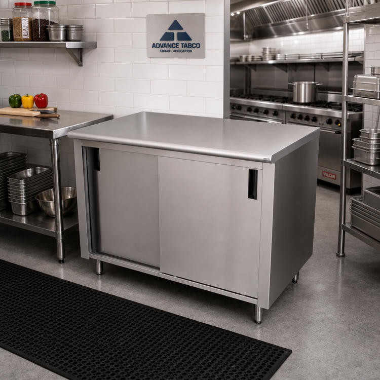 Product image #2 for Advance Tabco Special Value Series 48-Inch x 24-Inch Stainless Steel Enclosed Work Table with Sliding Door Cabinet Base
