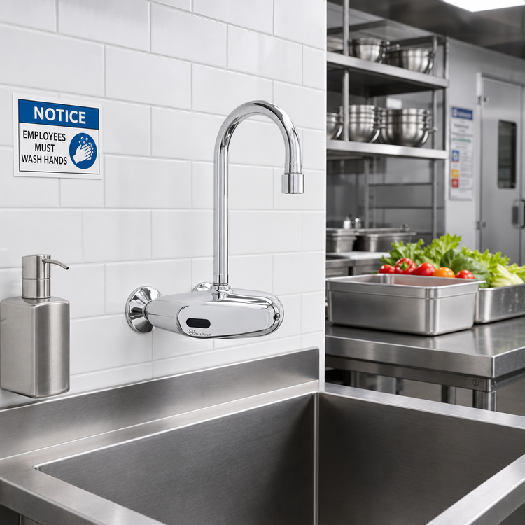 Product image #2 for ChekPoint Electronic Wall-Mount Touchless Faucet with Rigid Gooseneck Spout, 4-Inch Centers, Chrome-Plated Brass, 1.2 GPM