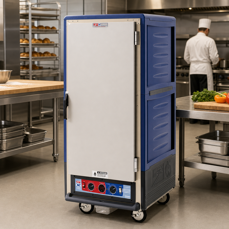 Product image #2 for Metro C5 3 Series Low-Watt 3/4 Height Heated Holding and Proofing Cabinet with Blue Insulation Armour, Full-Length Solid Doors, and Universal Wire Slides