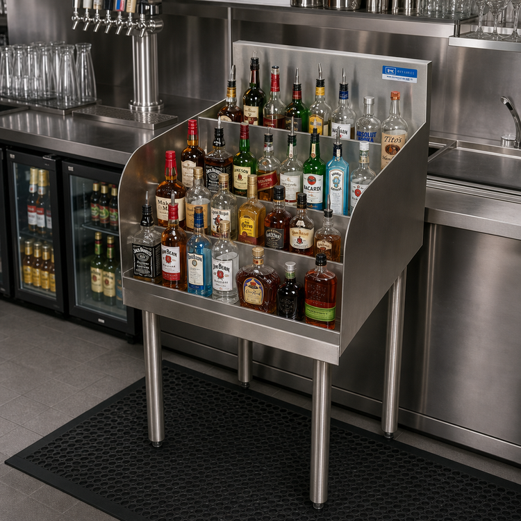 Product image #3 for BK Resources 36 Inch Wide 4-Step Freestanding Underbar Liquor Bottle Display Unit, Stainless Steel, Approx. 40-Bottle Capacity