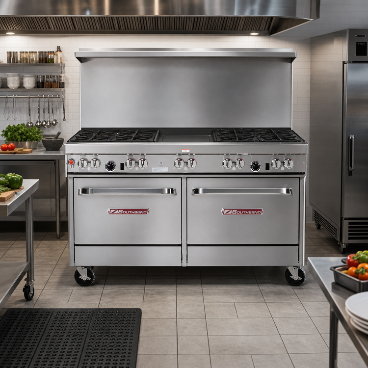 Product image #2 for Southbend Ultimate 60-Inch Gas Restaurant Range with 4 Burners, 36-Inch Griddle, Convection Oven, and Cabinet Base