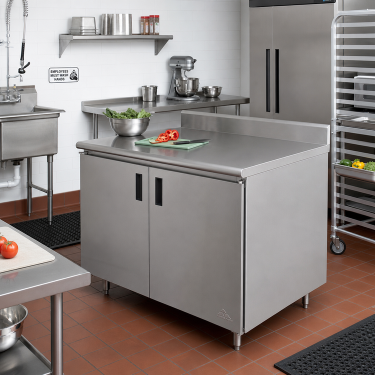 Product image #2 for Advance Tabco Special Value Series Enclosed Work Table with Cabinet Base, 48 x 30-Inch, 16-Gauge 304 Stainless Steel Top, 5-Inch Backsplash