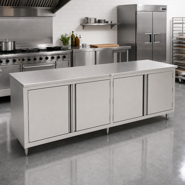 Product image #2 for John Boos 120 x 36 Inch 16-Gauge Stainless Steel Enclosed Work Table with Cabinet Base and Hinged Doors