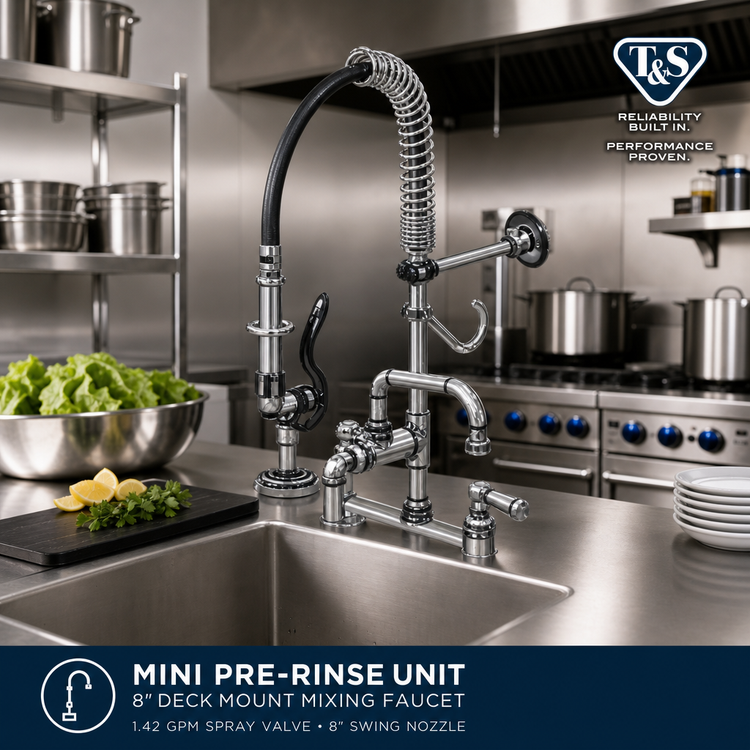 Product image #2 for T&S Brass Mini Pre-Rinse Unit, 8-Inch Deck Mount Mixing Faucet with 1.42 GPM Spray Valve and 8-Inch Swing Nozzle